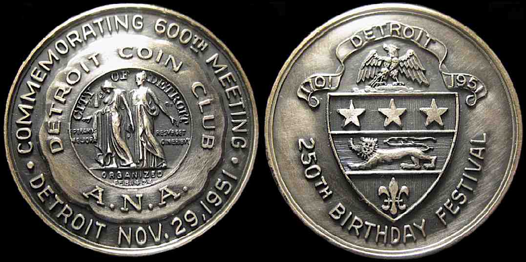 250th Anniversary Birthday Festival Detroit Coin Club 1951 medal