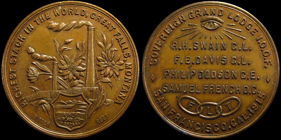 Worlds Highest Smoke Stack Great Falls Montana San Francisco IOOF 1915 Medal