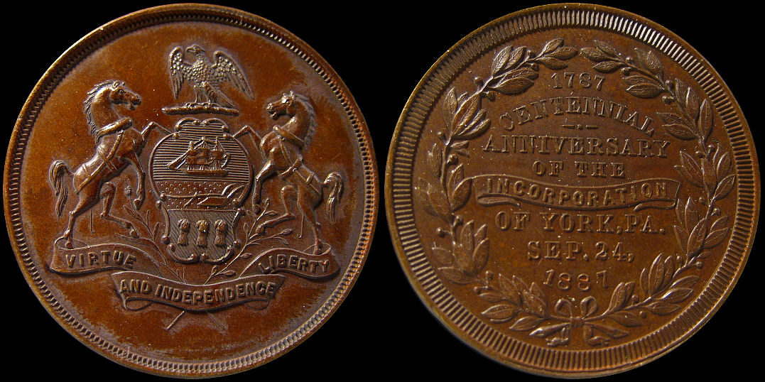 Centennial Anniversary Incorporation York Pa. Sept. 1887 Medal