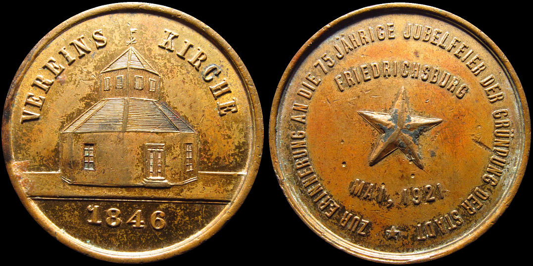 Friedrichsburg Fredericksburg 1921 75th Anniversary Vereins Kirche Medal
