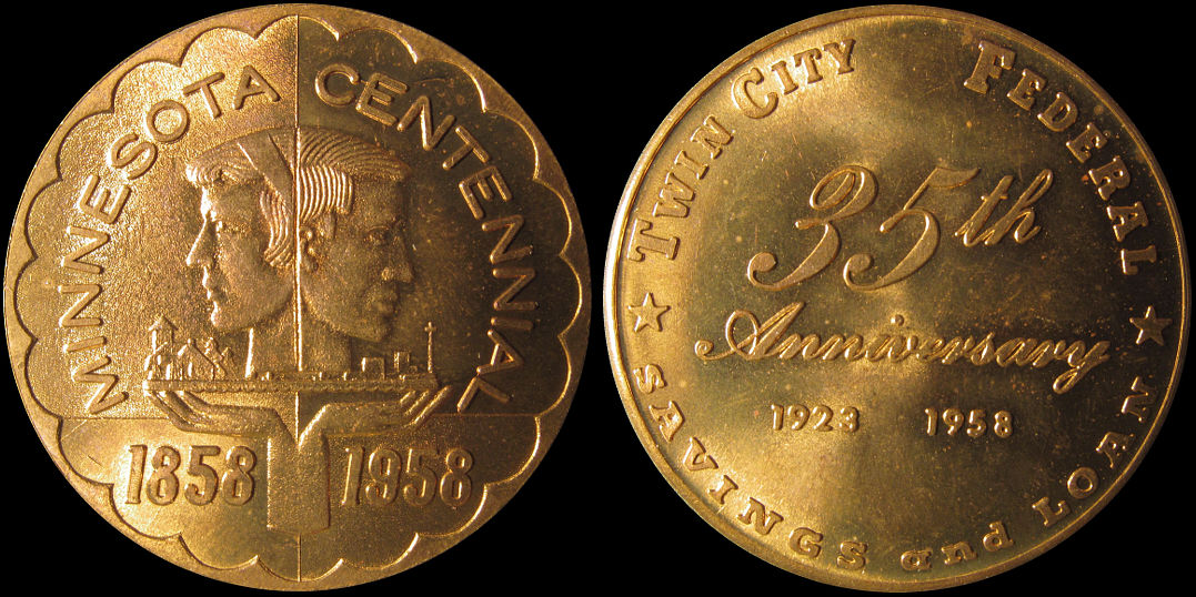 Twin City Federal Savings and Loan Minnesota Centennial 1958 Medal