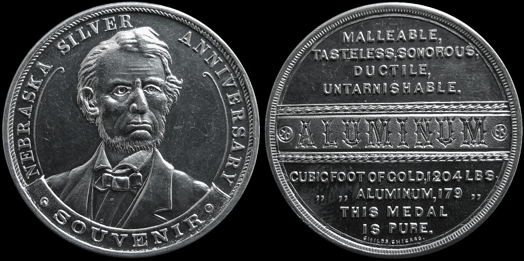 Nebraska Silver Anniversary Souvenir 1892 Aluminum Lincoln Medal