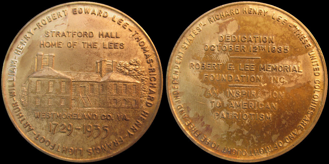Robert E. Lee Stratford Hall Home Of The Lees Memorial 1935 Medal