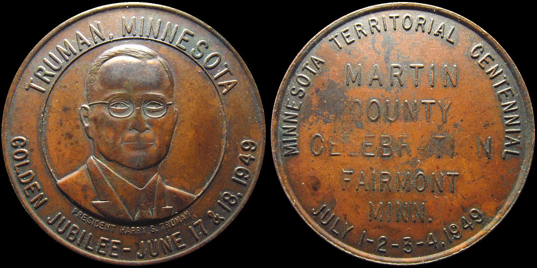 Truman Minnesota Jubilee Territorial Martin County Fairmont 1949 Medal