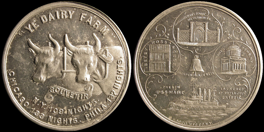 Ye Dairy Farm Souvenir USS Maine Betsy Ross House Medal